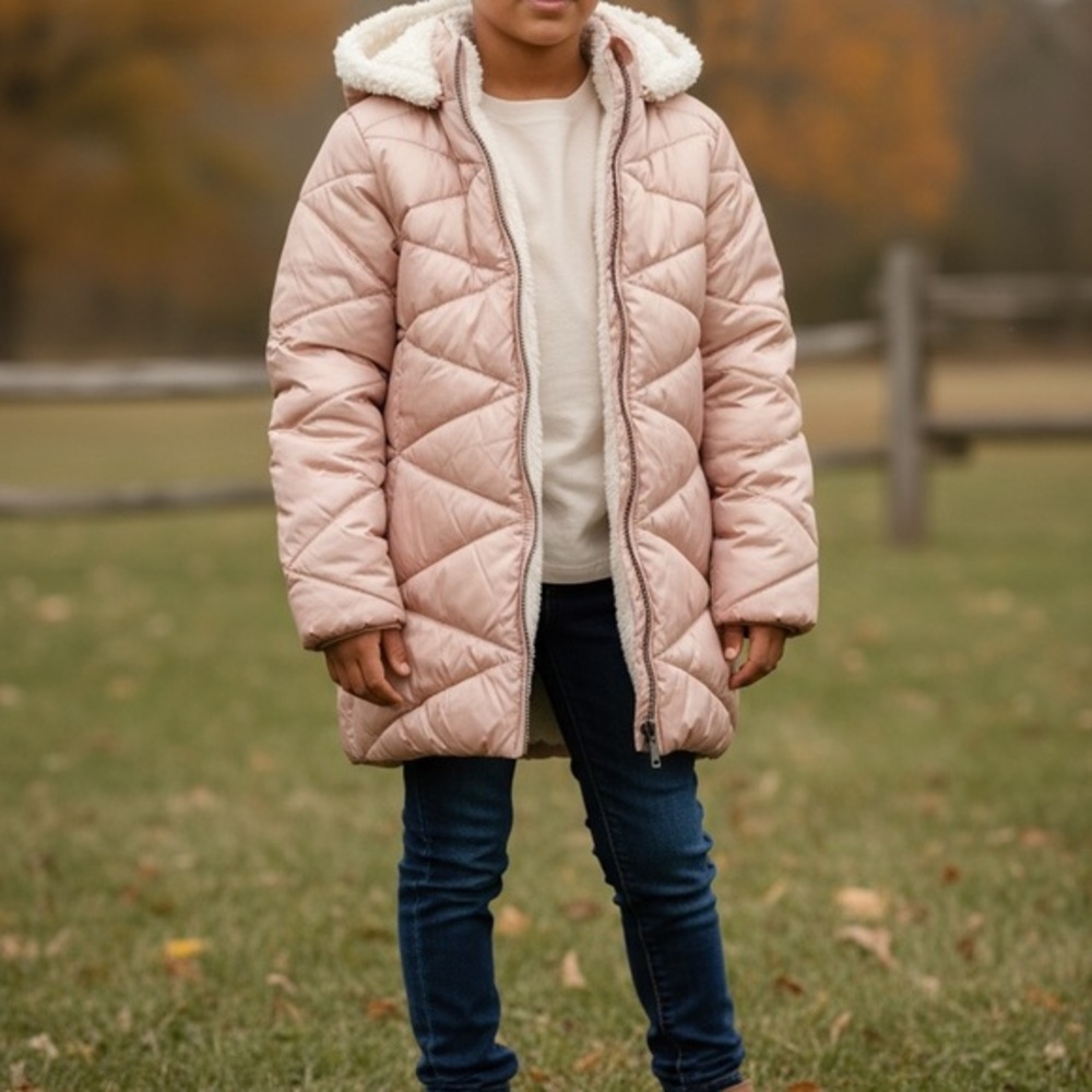 Girls Pink Puffer Jacket Sherpa Lined Hooded Quilted Winter Coat Size 7